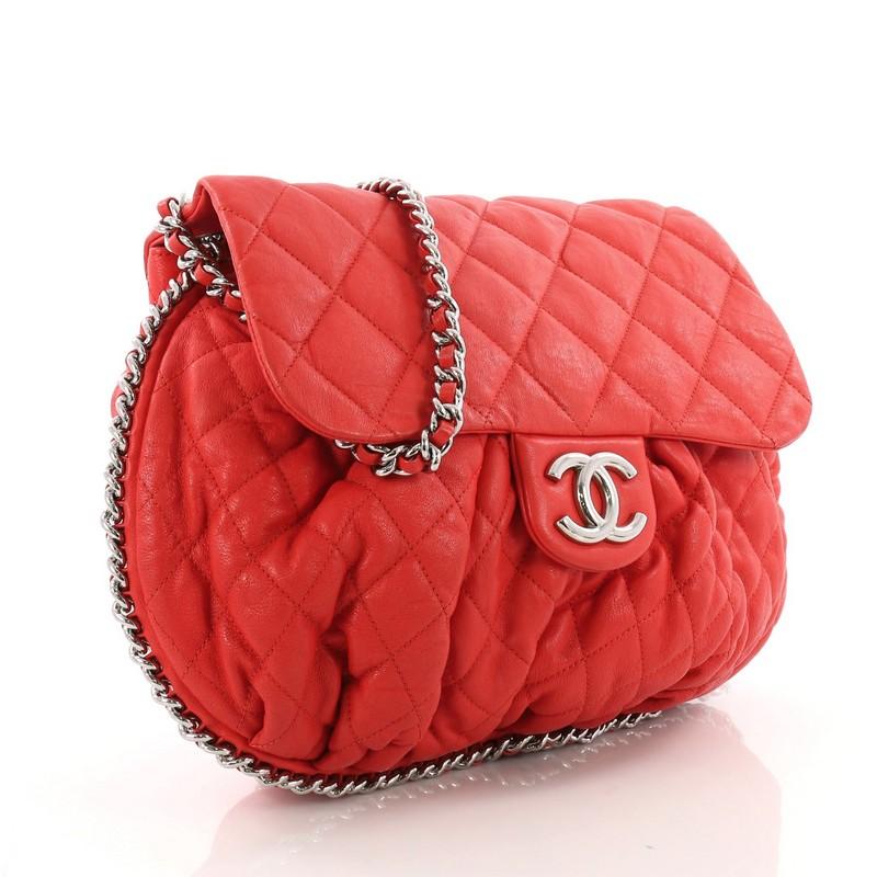 Red Chanel Chain Around Flap Bag Quilted Leather Large
