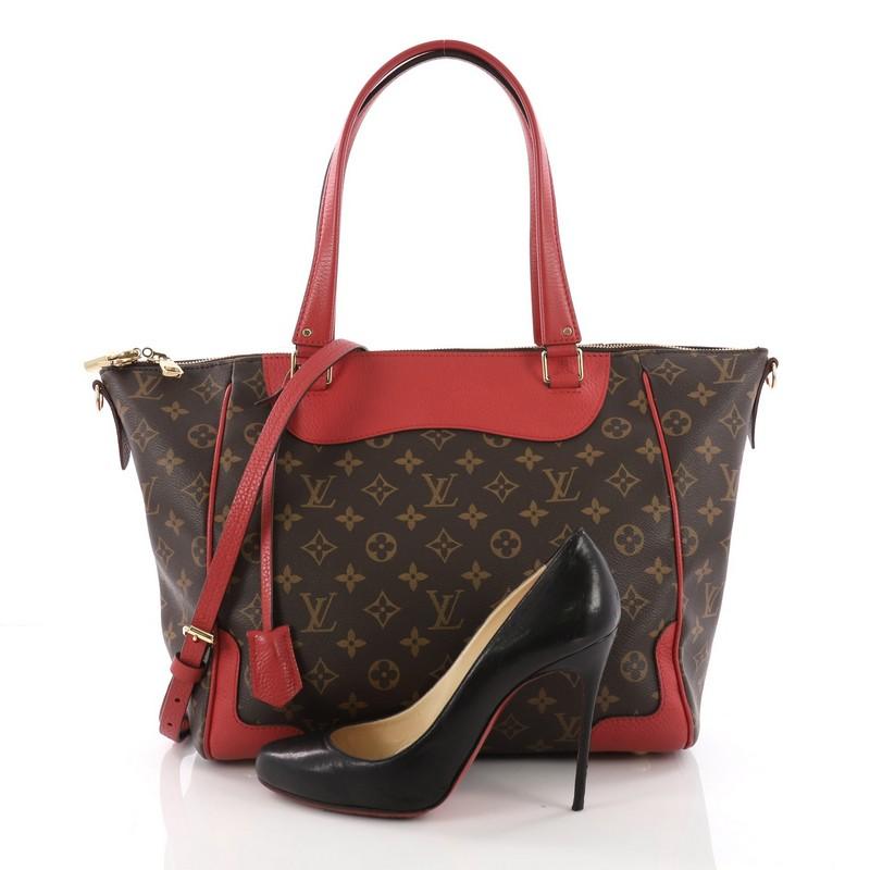 This Louis Vuitton Estrela NM Handbag Monogram Canvas, Crafted from brown monogram coated canvas with red calfskin leather trims, features dual flat leather handles, protective base studs and gold-tone hardware accents. Its two-way zip closure opens