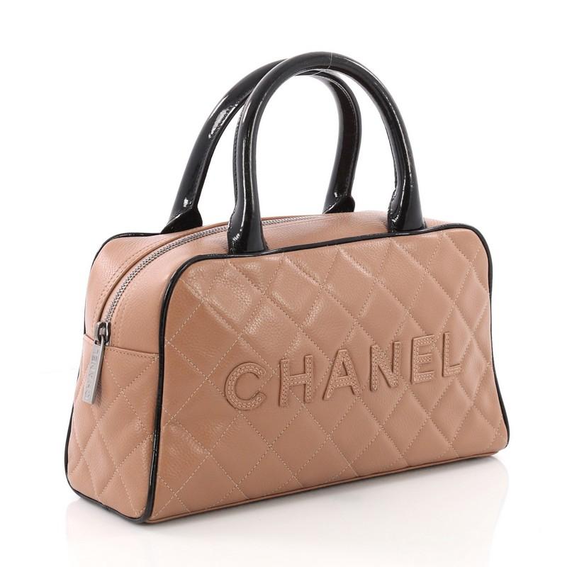 Brown Chanel Embossed Logo Bowler Bag Quilted Caviar Small
