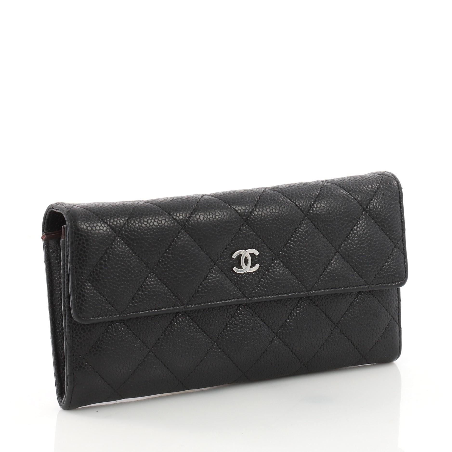 Black Chanel CC Gusset Flap Wallet Quilted Caviar Long