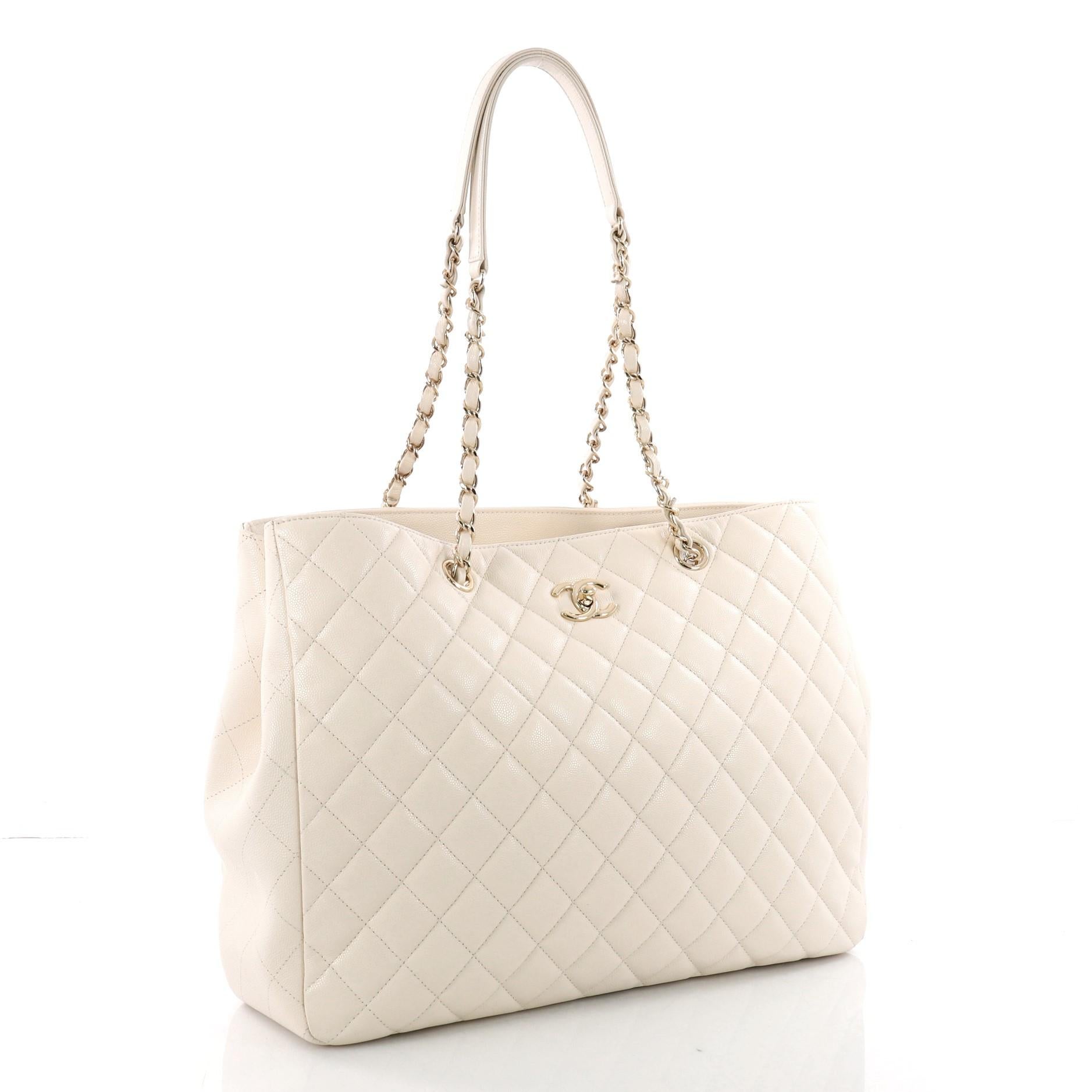 White Chanel Classic CC Shopping Tote Quilted Caviar Large