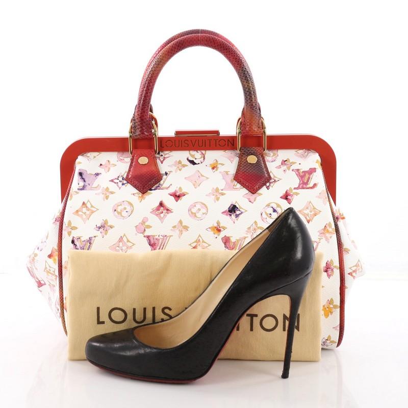 This Louis Vuitton Frame Speedy Bag Limited Edition Aquarelle Monogram Canvas 30, crafted from white Aquarelle monogram canvas with genuine karung trims, features dual-rolled handles, Louis Vuitton branded resin frame, and gold-tone hardware. Its