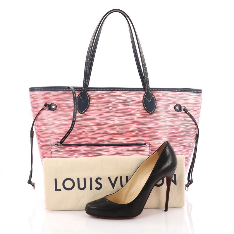 This Louis Vuitton Neverfull Tote Epi Leather MM, crafted in red and white epi leather, features dual flat leather handles, side tassels that cinch and expand, and silver-tone hardware accents. Its wide open top and center clasp hook closure opens