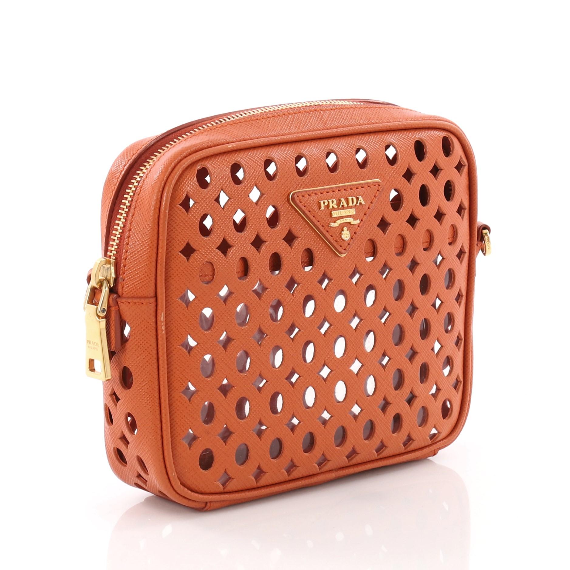 Brown Prada Zip Crossbody Bag Perforated Saffiano Leather Mini