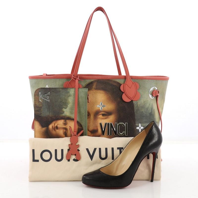This Louis Vuitton Neverfull NM Tote Limited Edition Jeff Koons Da Vinci Print Canvas MM, crafted from multicolor printed coated canvas, features dual slim leather handles, gold monogram and flower applique, reflective metallic letters, and coral