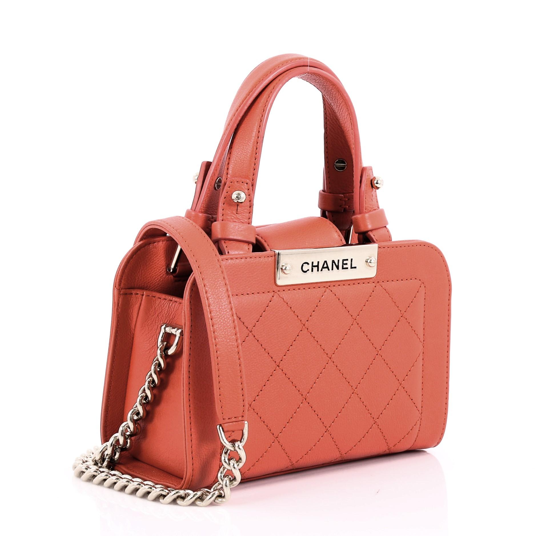 Orange Chanel Label Click Shopping Tote Quilted Calfskin Mini