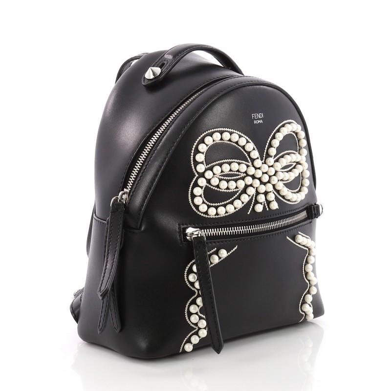 Black Fendi Front Zip Backpack Embellished Leather Mini