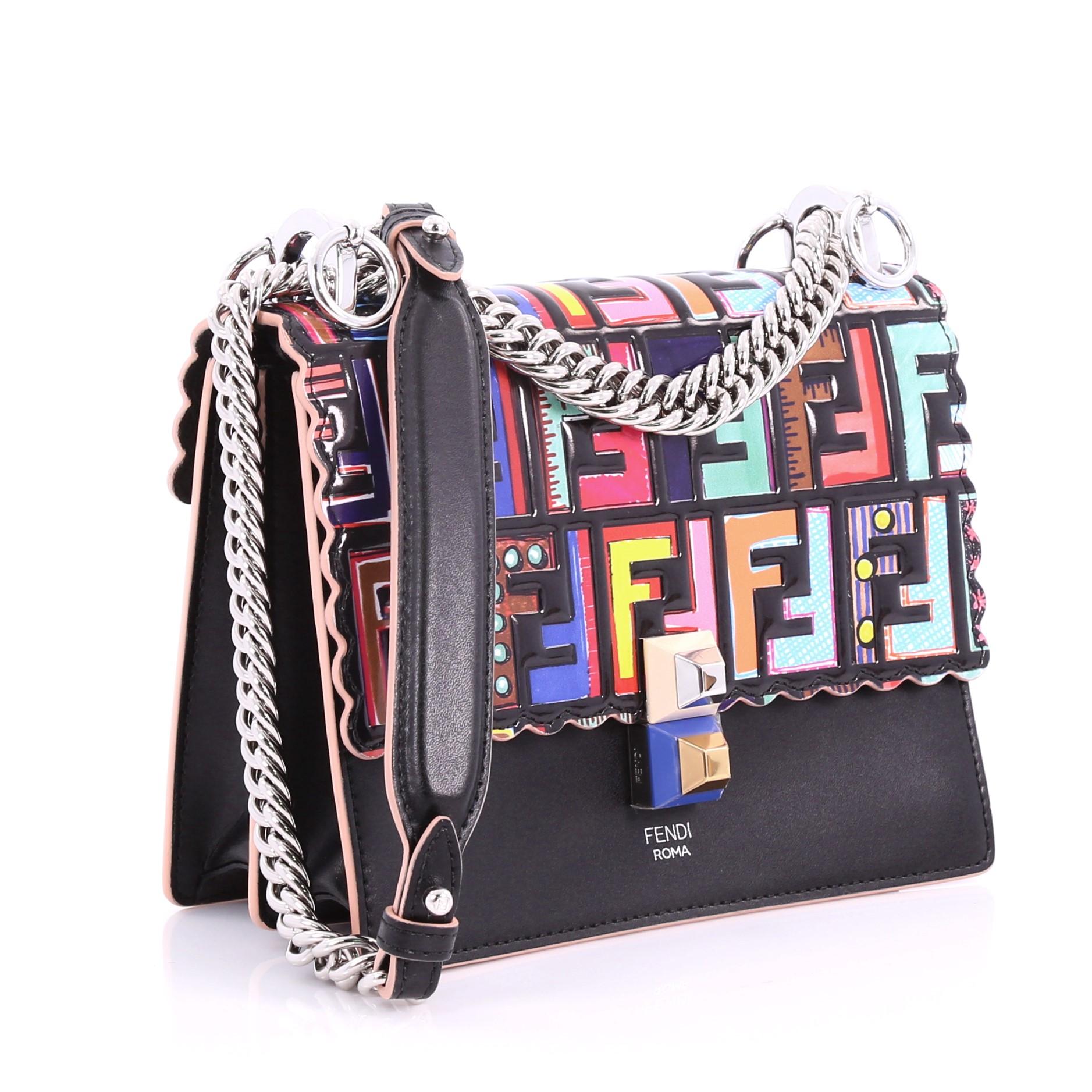 Black  Fendi Kan I Handbag Logo Embossed Patent With Leather Small