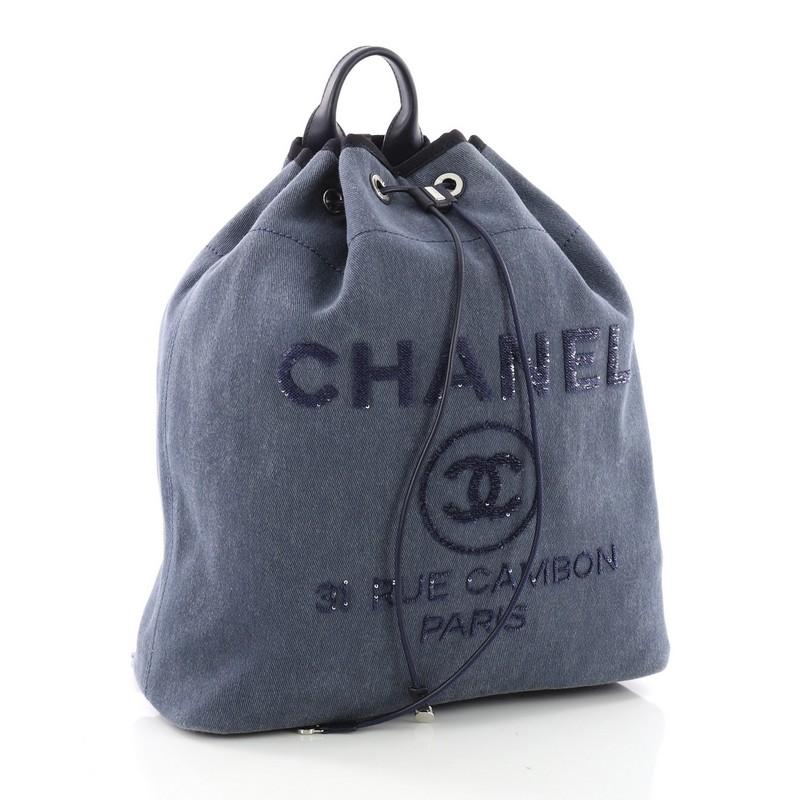 Black Chanel Deauville Backpack Canvas with Sequins Large