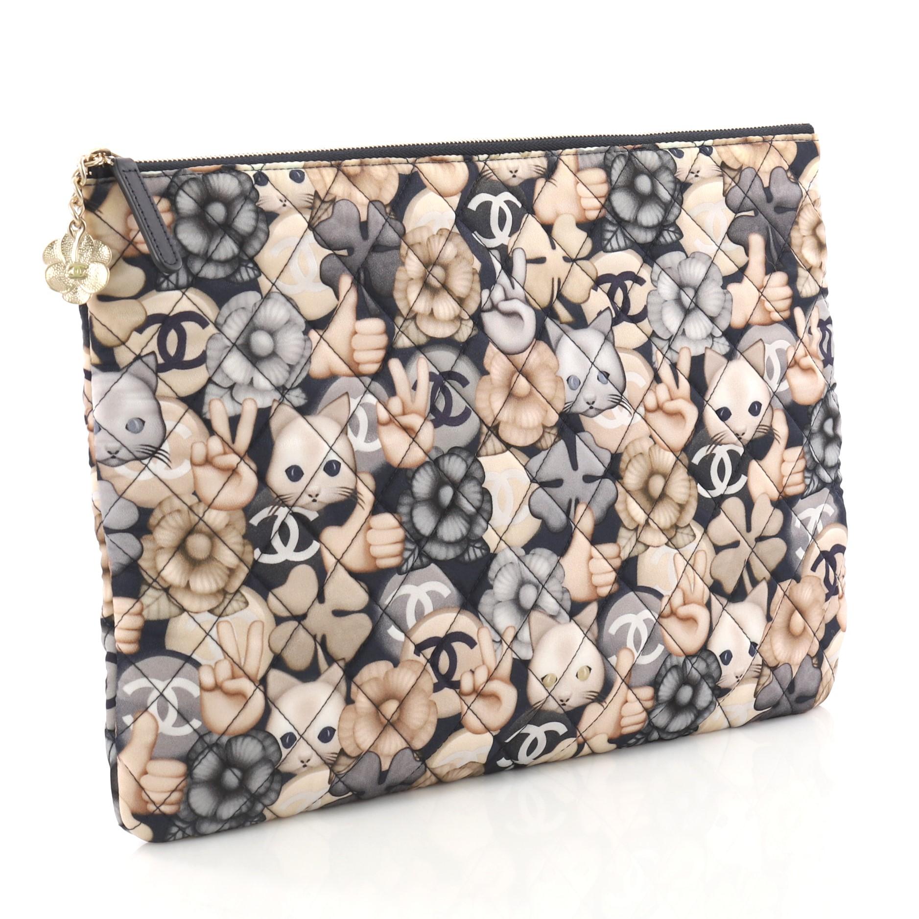 Beige Chanel Emoticon O Case Clutch Quilted Printed Nylon Large