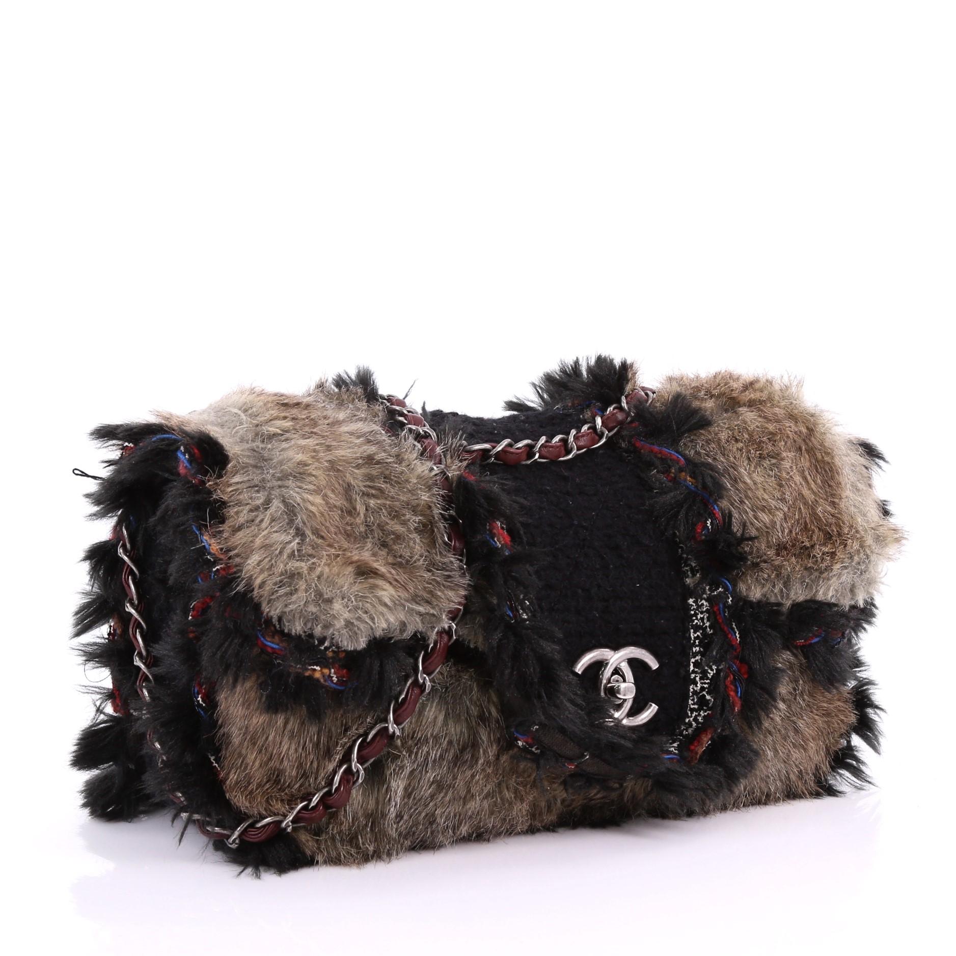 Black Chanel Fantasy Flap Bag Fur and Tweed Medium