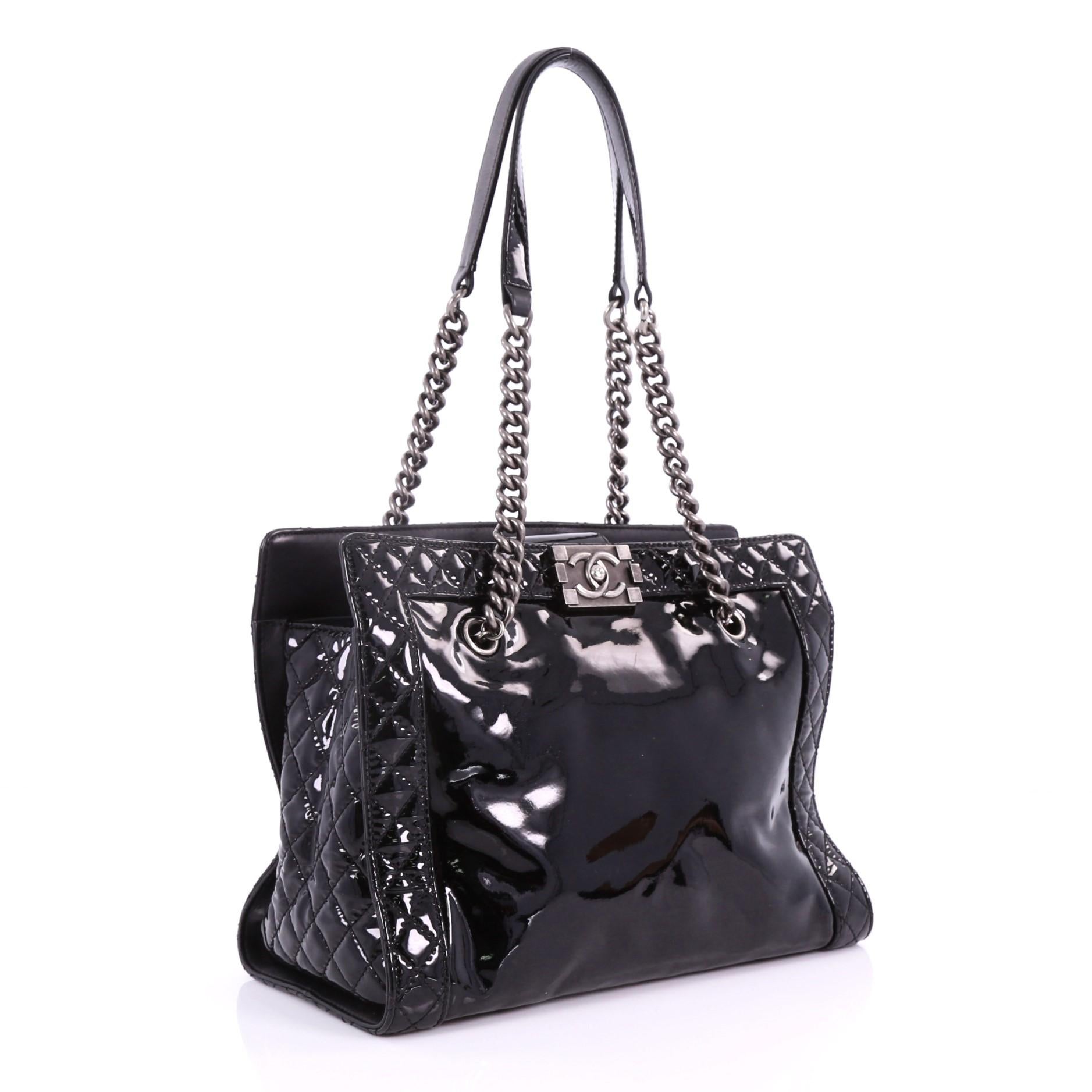 Black Chanel Reverso Boy Chain Tote Patent Medium