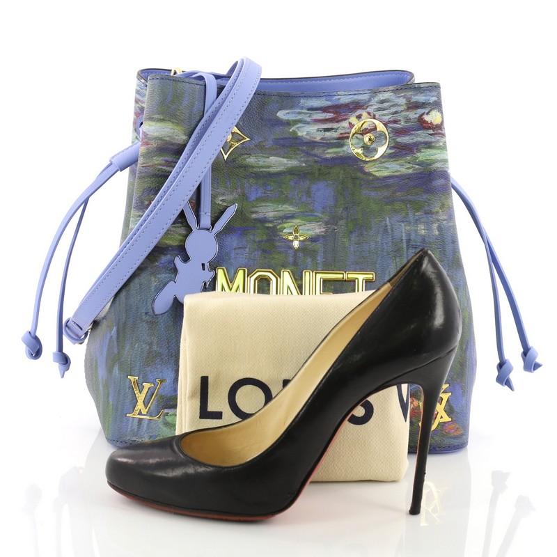 This Louis Vuitton Neonoe Handbag Limited Edition Jeff Koons Monet Print Canvas, crafted from Claude Monet's Water Lilies printed coated canvas, features long shoulder strap, reflective metallic letters and gold-tone hardware. Its drawstring closure