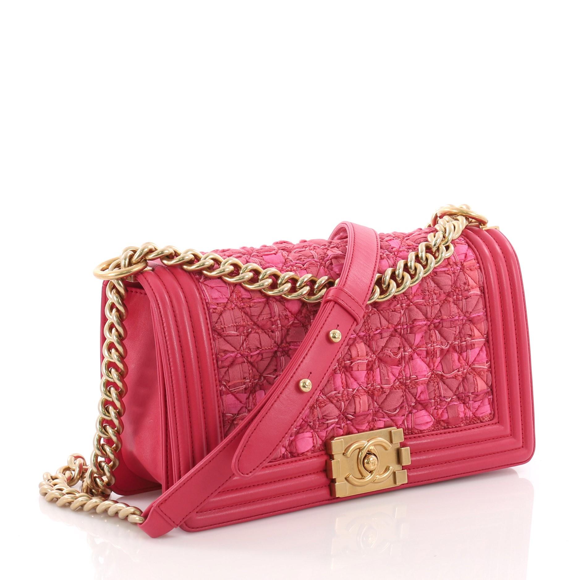 Pink Chanel Boy Flap Bag Quilted Ribbon and Tweed with Leather Old Medium