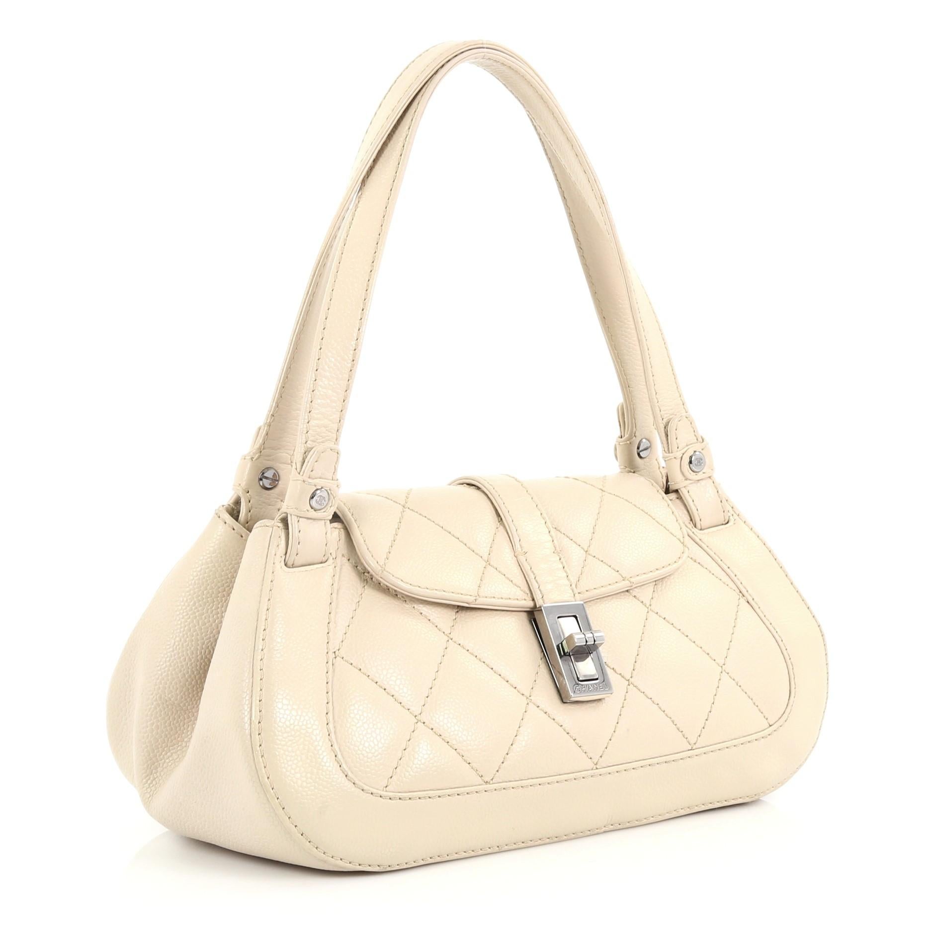 White Chanel Mademoiselle Lock Shoulder Bag Quilted Caviar Small