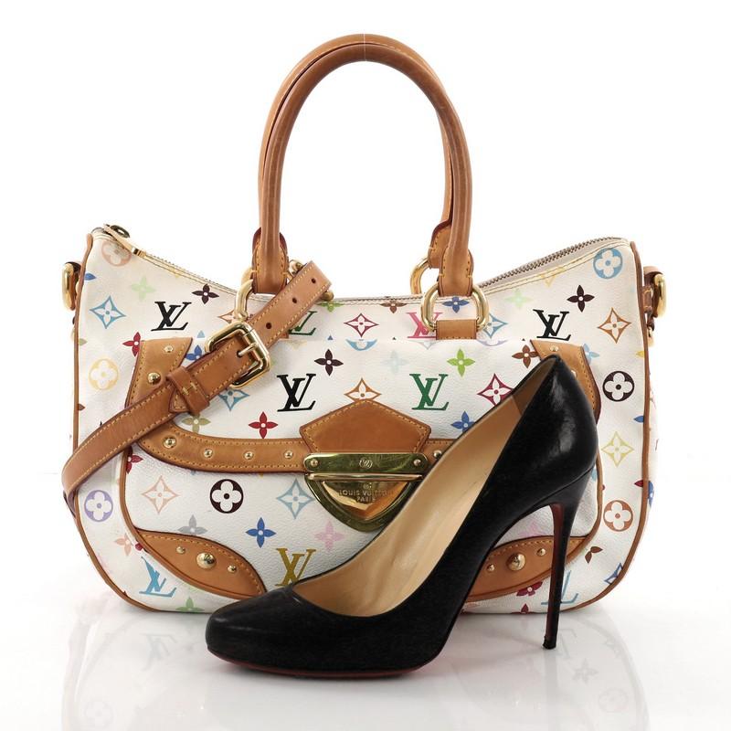 This Louis Vuitton Rita Handbag Monogram Multicolor, crafted from white monogram multicolor coated canvas, features dual rolled leather handles, exterior front flap pocket and back zip pocket, and gold-tone hardware. Its top zip closure opens to a