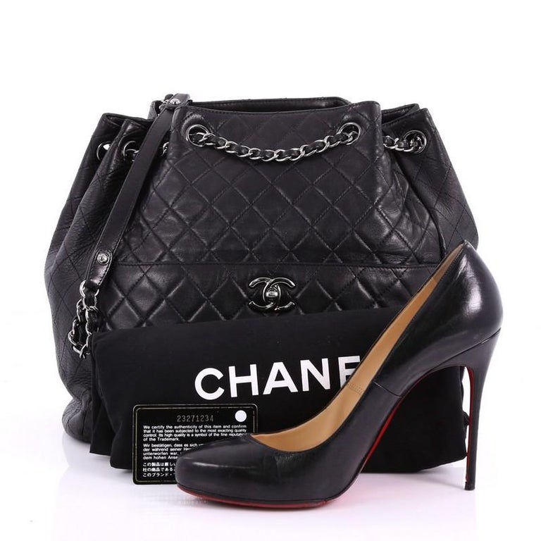 Chanel Drawstring CC Lock Bucket Bag Quilted Lambskin Mediu at 1stDibs