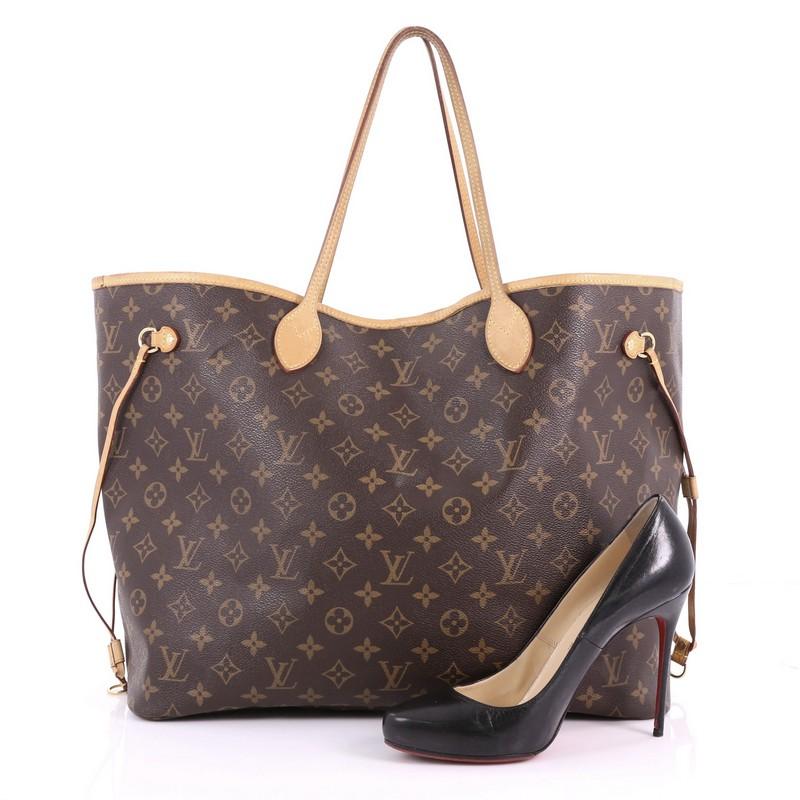 This Louis Vuitton Neverfull Tote Monogram Canvas GM, crafted from brown monogram coated canvas, features dual slim leather handles, side drawstrings and gold-tone hardware. Its hook closure opens to a brown striped fabric interior with a side zip