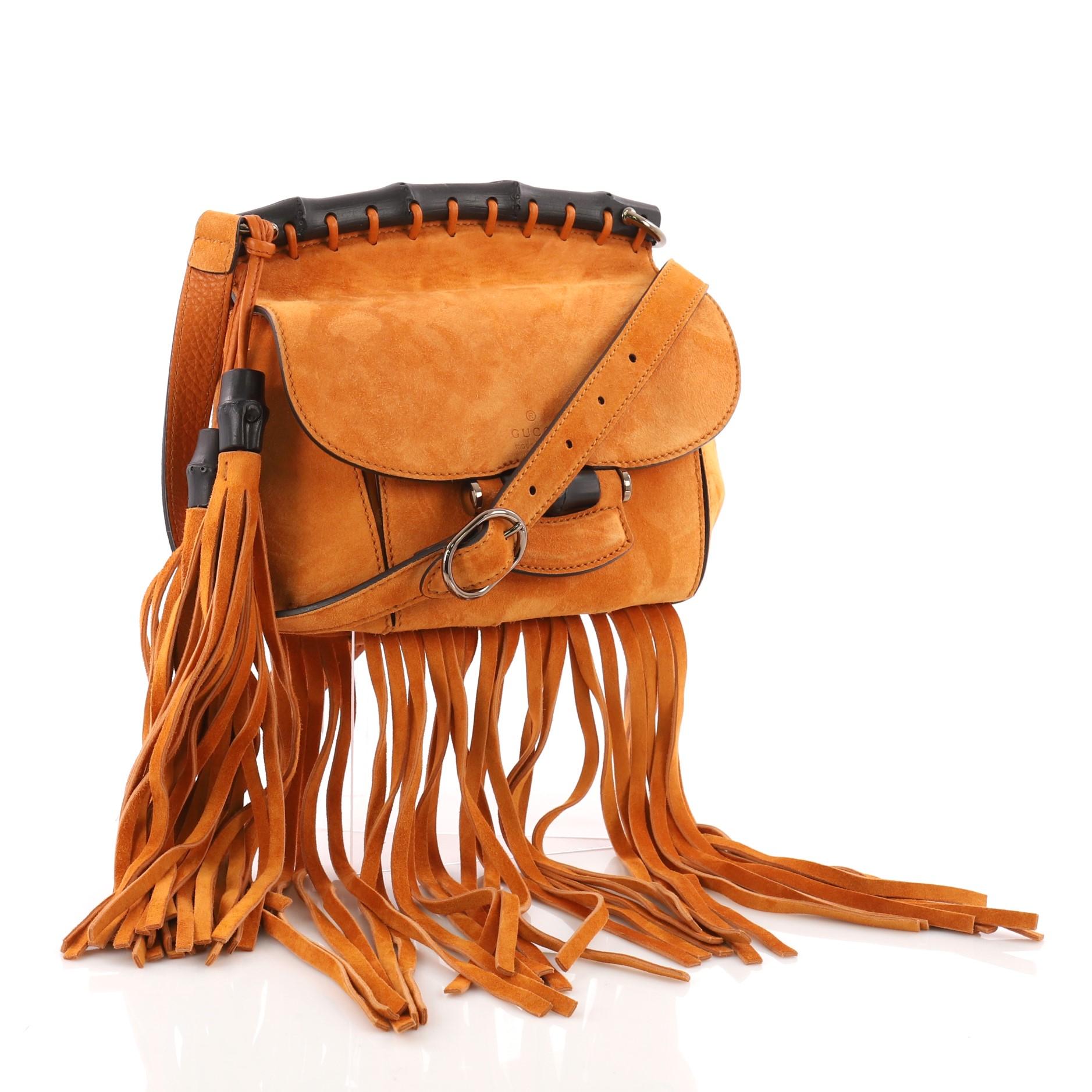 Brown Gucci Nouveau Fringe Crossbody Bag Suede Small