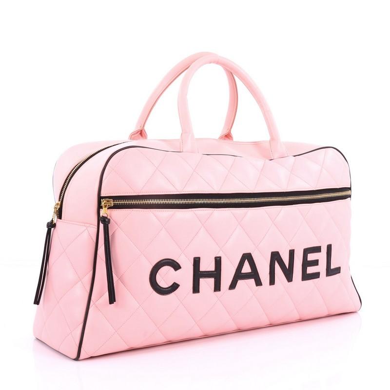 Pink Chanel Vintage Logo Bowler Bag Quilted Lambskin Large