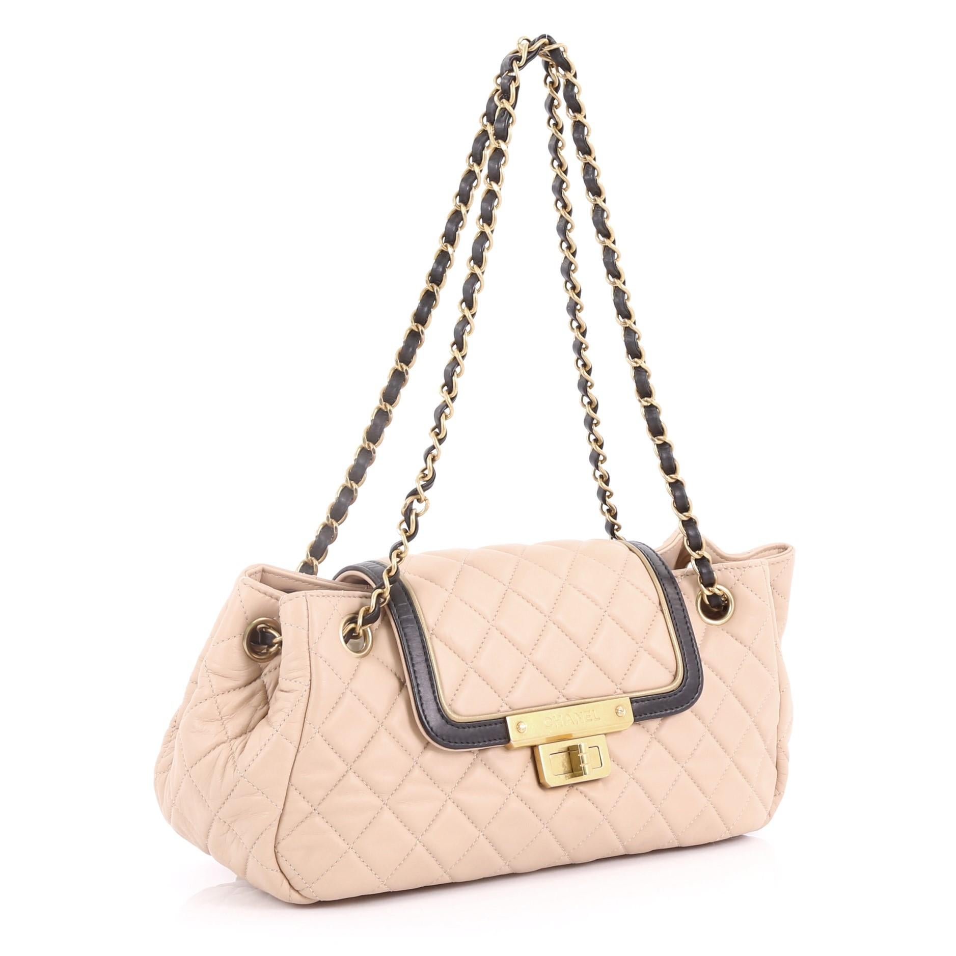 Beige Chanel East West Mademoiselle Accordion Flap Bag Quilted Lambskin Small,