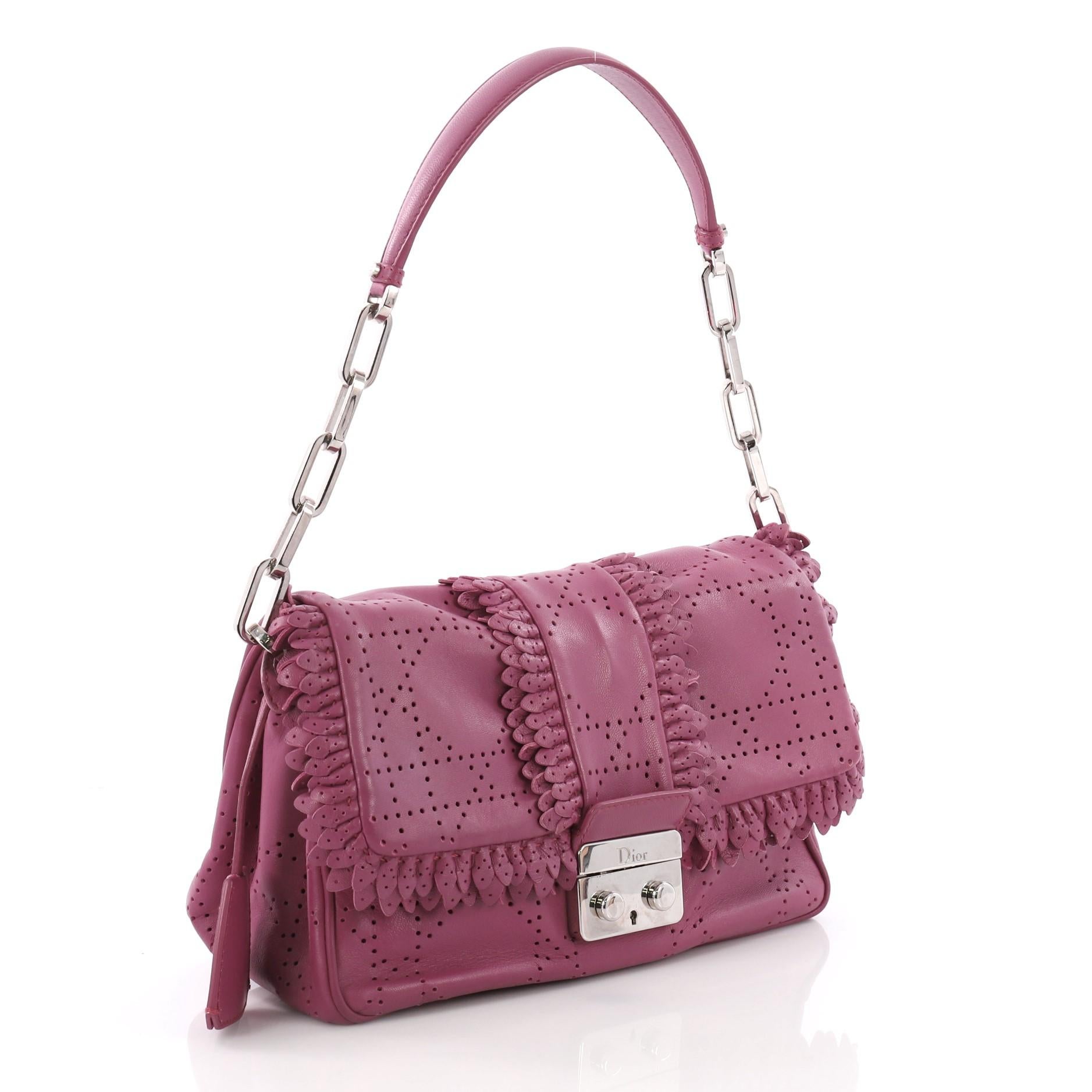 Brown Christian Dior New Lock Ruffle Flap Bag Perforated Leather Small