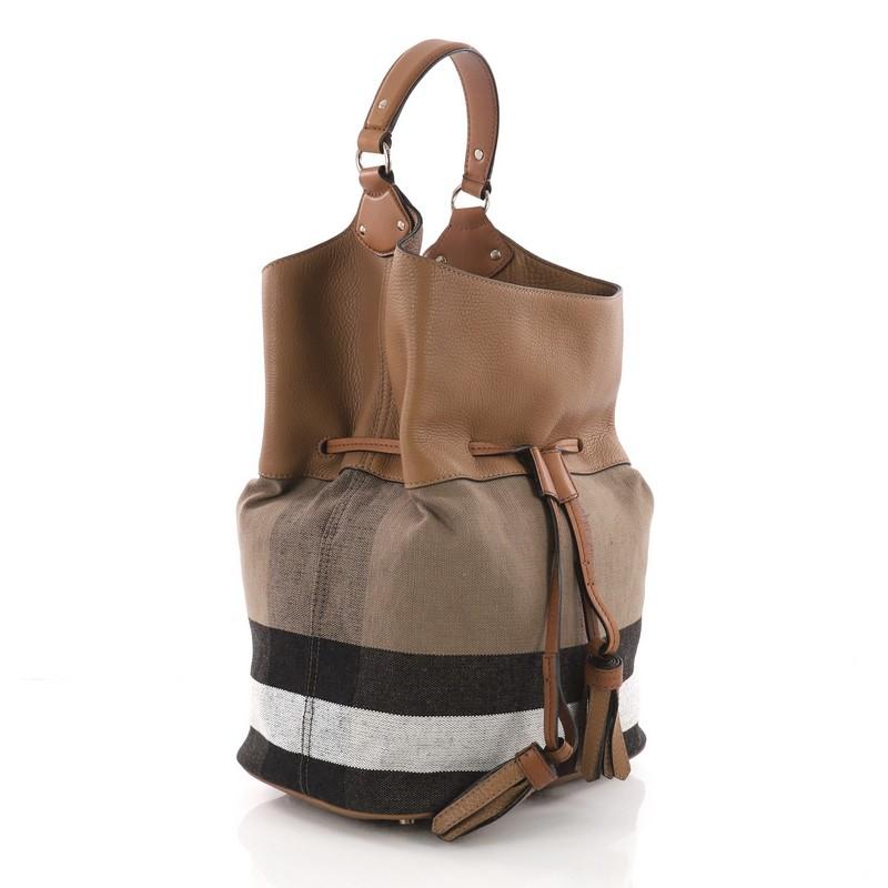 Brown Burberry Ashby Drawstring Handbag House Check Canvas with Leather Large