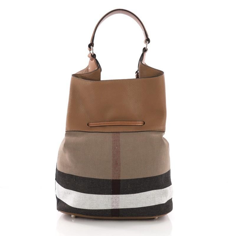 Burberry Ashby Drawstring Handbag House Check Canvas with Leather Large In Good Condition In NY, NY