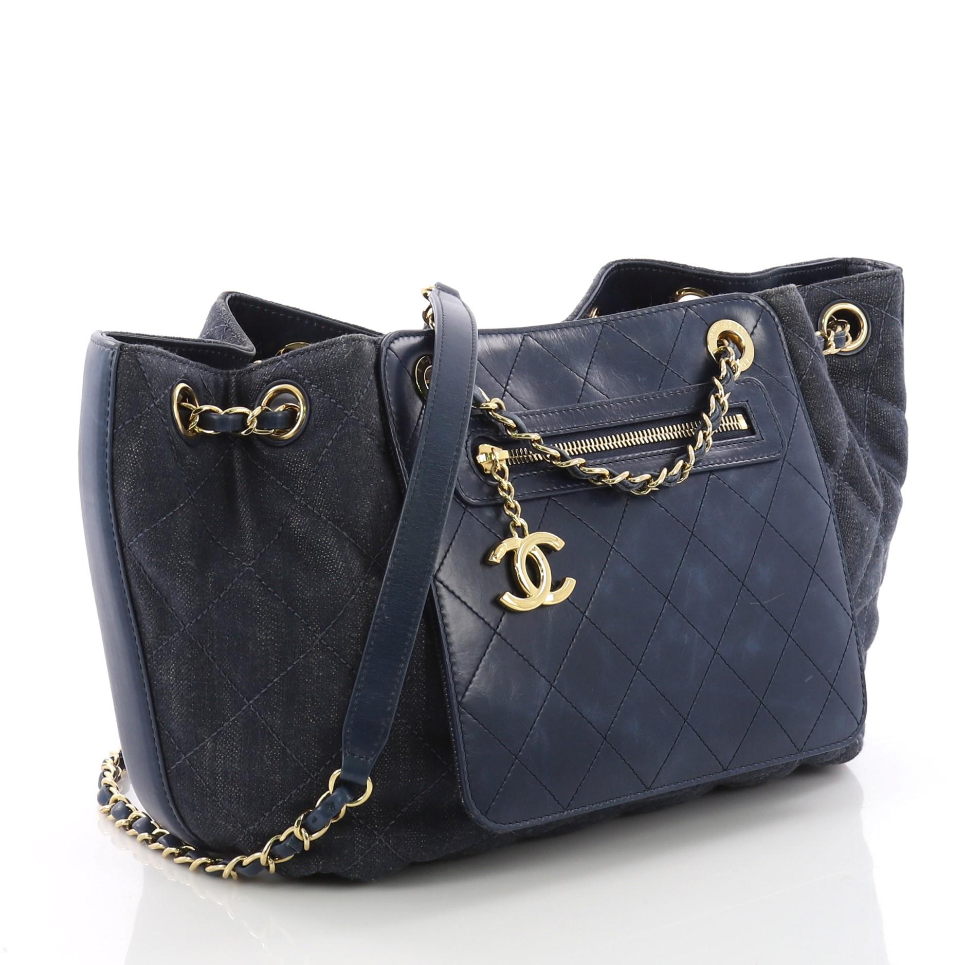 Black Chanel Drawstring Shoulder Bag Quilted Denim and Aged Calfskin Medium
