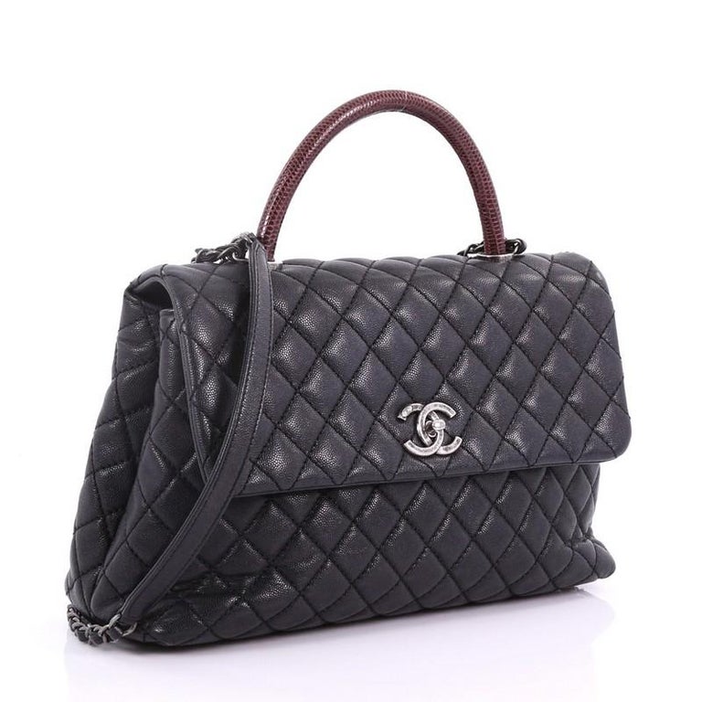 Chanel Navy Blue Quilted Caviar and Burgundy Lizard Medium Coco Top Handle Gold Hardware, 2017 (Like New), Womens Handbag