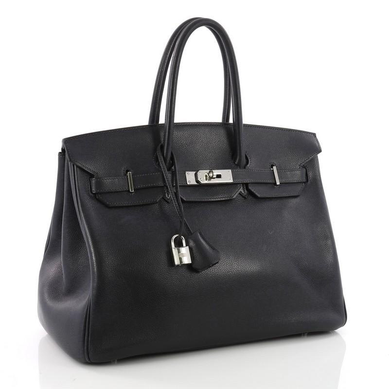Black Hermes Birkin Handbag Indigo Evergrain with Palladium Hardware 35