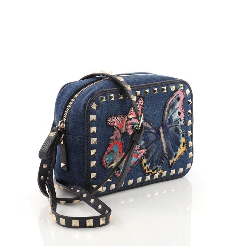 Black Valentino Rockstud Camera Crossbody Bag Denim with Butterfly Applique