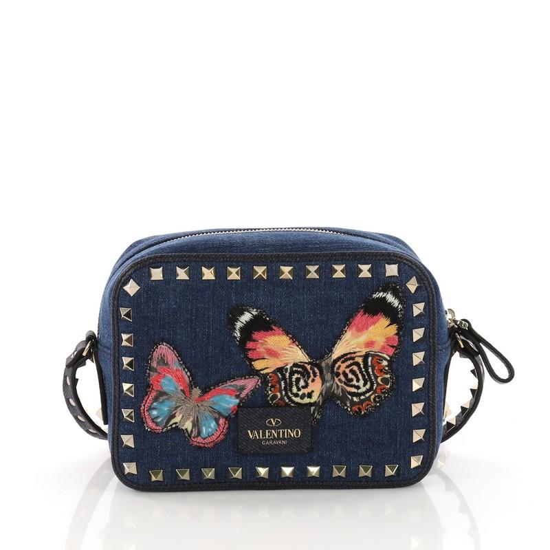 Valentino Rockstud Camera Crossbody Bag Denim with Butterfly Applique In Good Condition In NY, NY