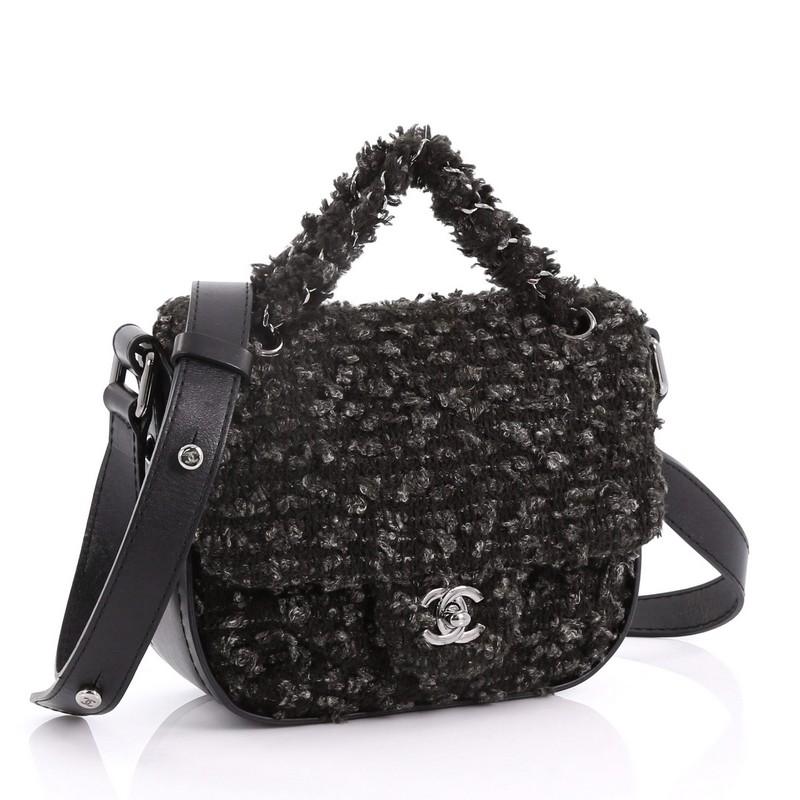 Black Chanel CC Lock Flap Messenger Bag Tweed Small