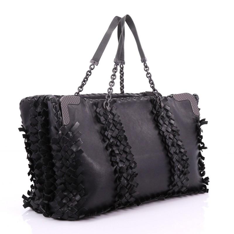 Black Bottega Veneta Chain Tote Leather with Fringe Intrecciato Detail Large