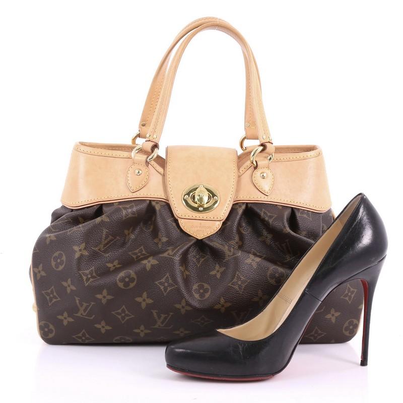 This Louis Vuitton Boetie Handbag Monogram Canvas MM, crafted from brown monogram coated canvas, features dual padded flat leather handles, pleated details, and gold-tone hardware. Its turn-lock and zip closure opens to a beige microfiber interior