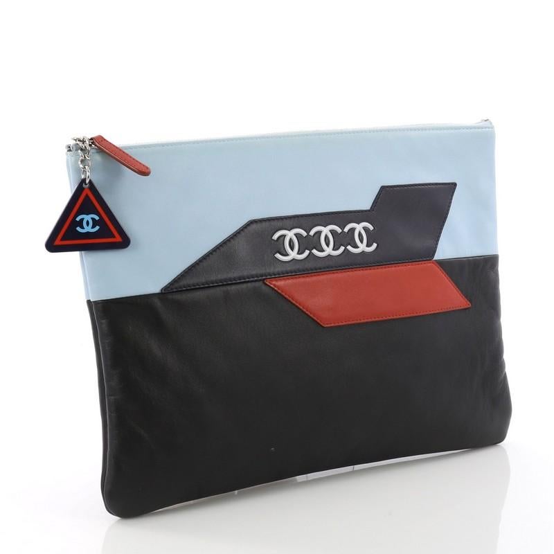 Black Chanel Airlines O Case Clutch Leather Large