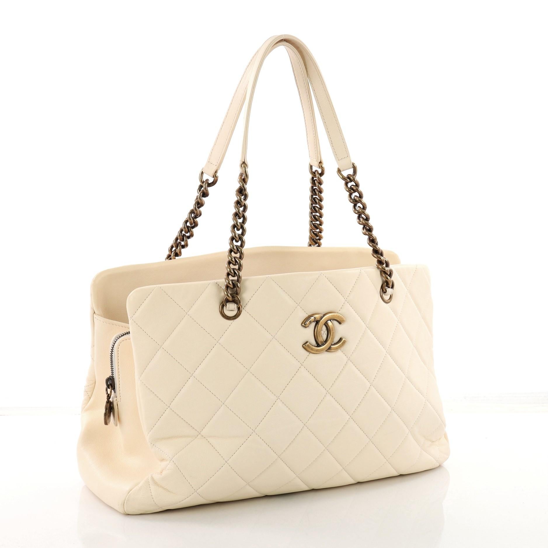 White Chanel CC Crown Tote Quilted Leather Large