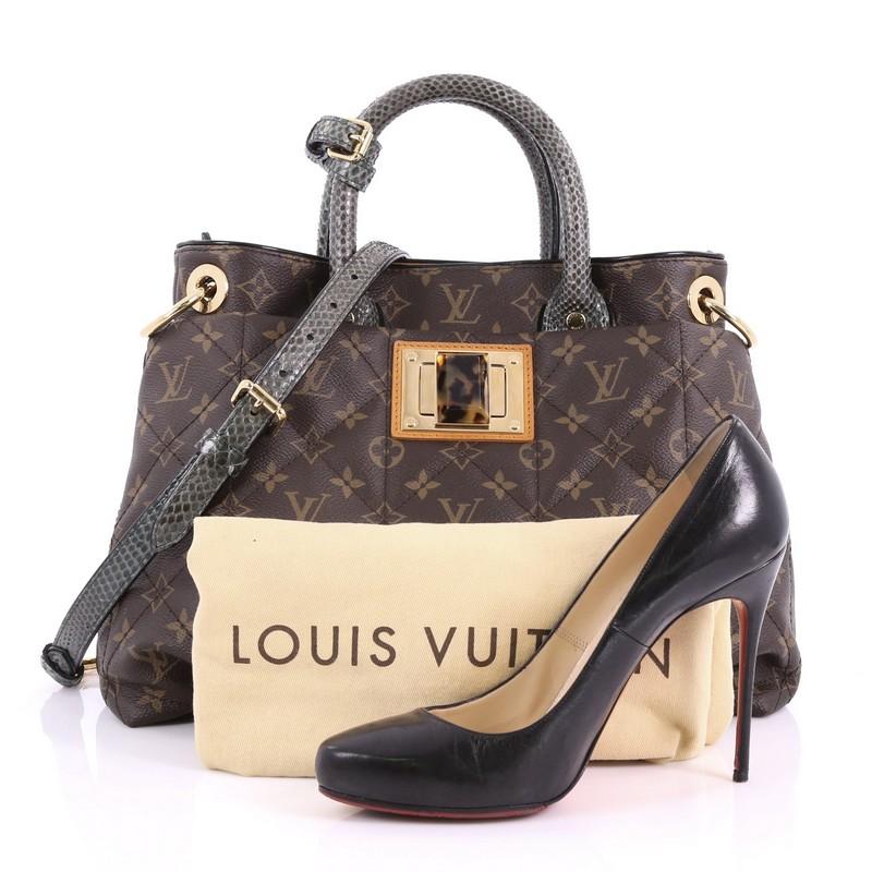 This Louis Vuitton Limited Edition Exotique Handbag Monogram Etoile MM, crafted from soft padded quilted brown monogram etoile coated canvas, features genuine python handles, oversized tortoise resin twist lock, and gold-tone hardware. It opens to a