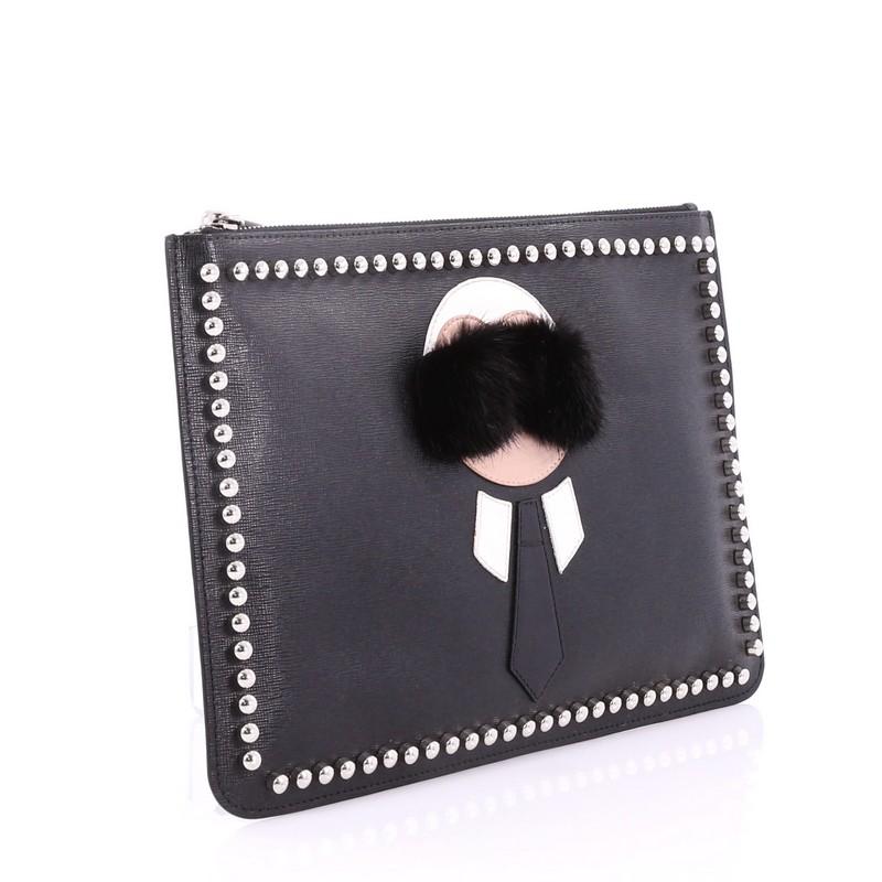 Black Fendi Karlito Pouch Studded Saffiano Leather Medium