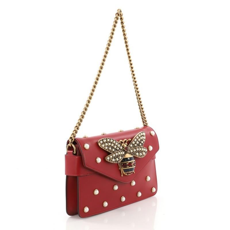 Brown Gucci Broadway Pearly Bee Shoulder Bag Embellished Leather Mini