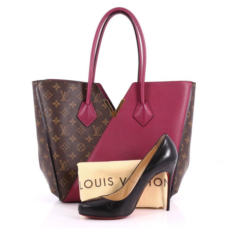 This Louis Vuitton Kimono Handbag Monogram Canvas and Leather MM, crafted from iconic brown monogram coated canvas and purple leather, features dual rolled toron top handles, a metallic V-cross gold accent, and gold-tone hardware. Its wide top with