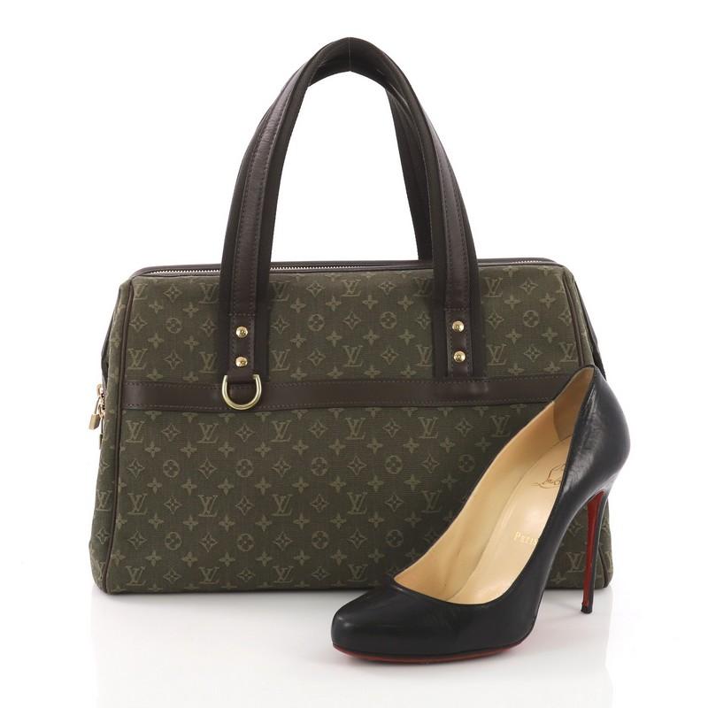 This Louis Vuitton Josephine Handbag Mini Lin GM, crafted from green monogram mini lin fabric, features dual-flat handles, protective base studs, and gold-tone hardware. Its full-zip around closure opens to a green fabric interior with side zip and