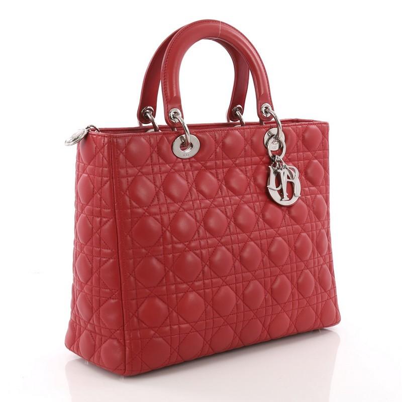 Red Christian Dior Lady Dior Handbag Cannage Quilt Lambskin Large