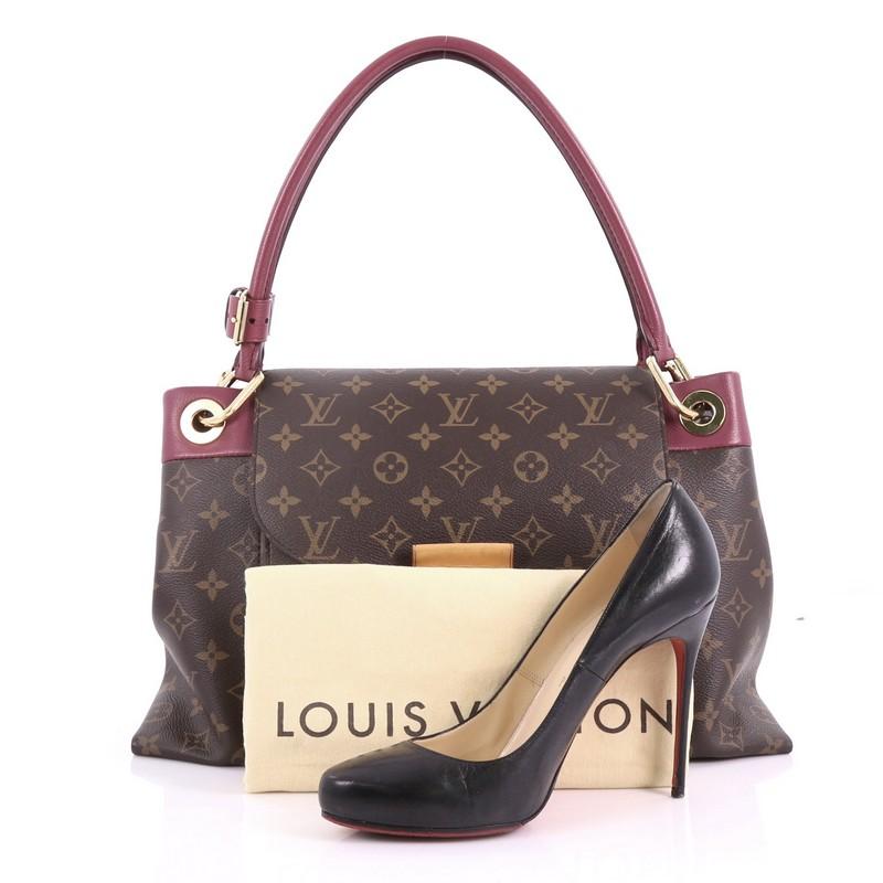 This Louis Vuitton Olympe Handbag Monogram Canvas, crafted from brown monogram coated canvas, features dual rolled toron leather handles, frontal flap, exterior back zip pocket and gold-tone hardware. Its charniere closure opens to a magenta