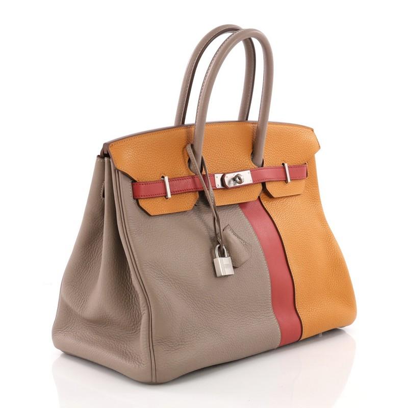 Brown Hermes Birkin Handbag Tricolor Clemence and Swift with Brushed Palladium Hardwar