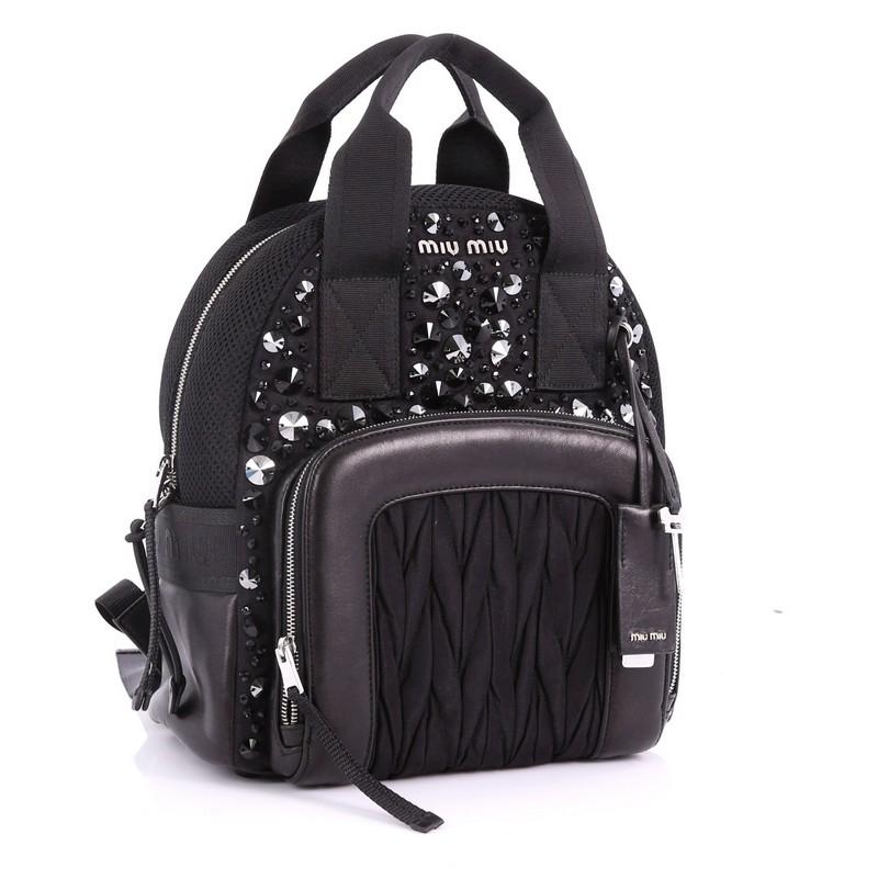 Black Miu Miu Backpack Embellished Matelasse Nylon Medium