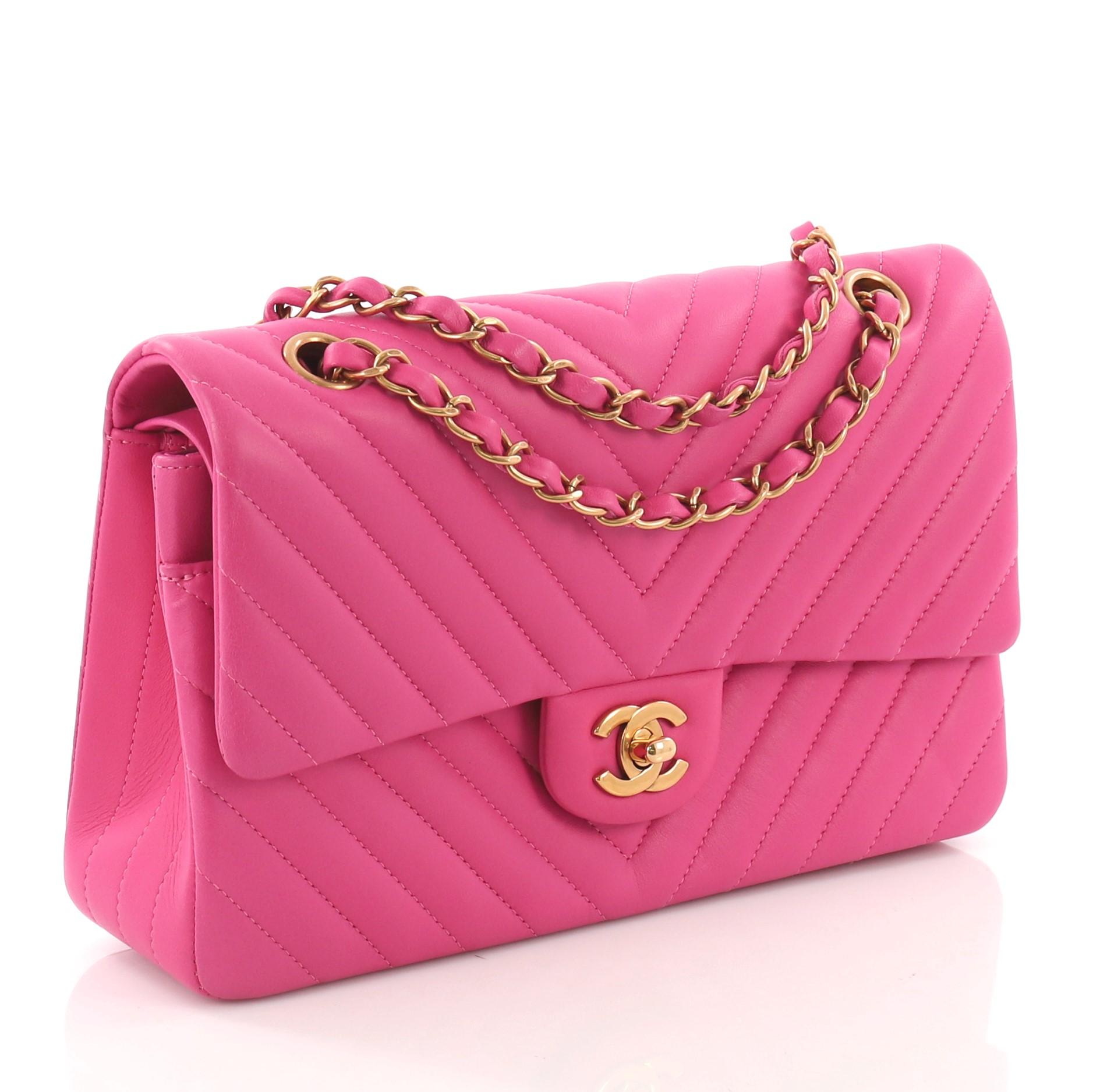 Pink Chanel Classic Double Flap Bag Chevron Lambskin Medium