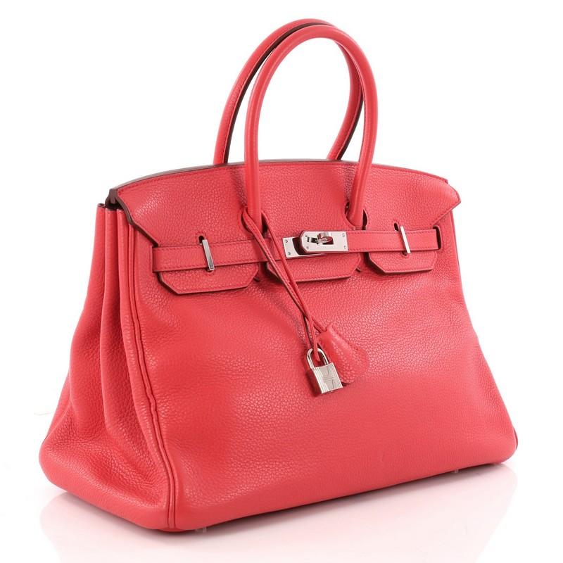 Red Hermes Birkin Handbag Rose Jaipur Clemence with Palladium Hardware 35 stands