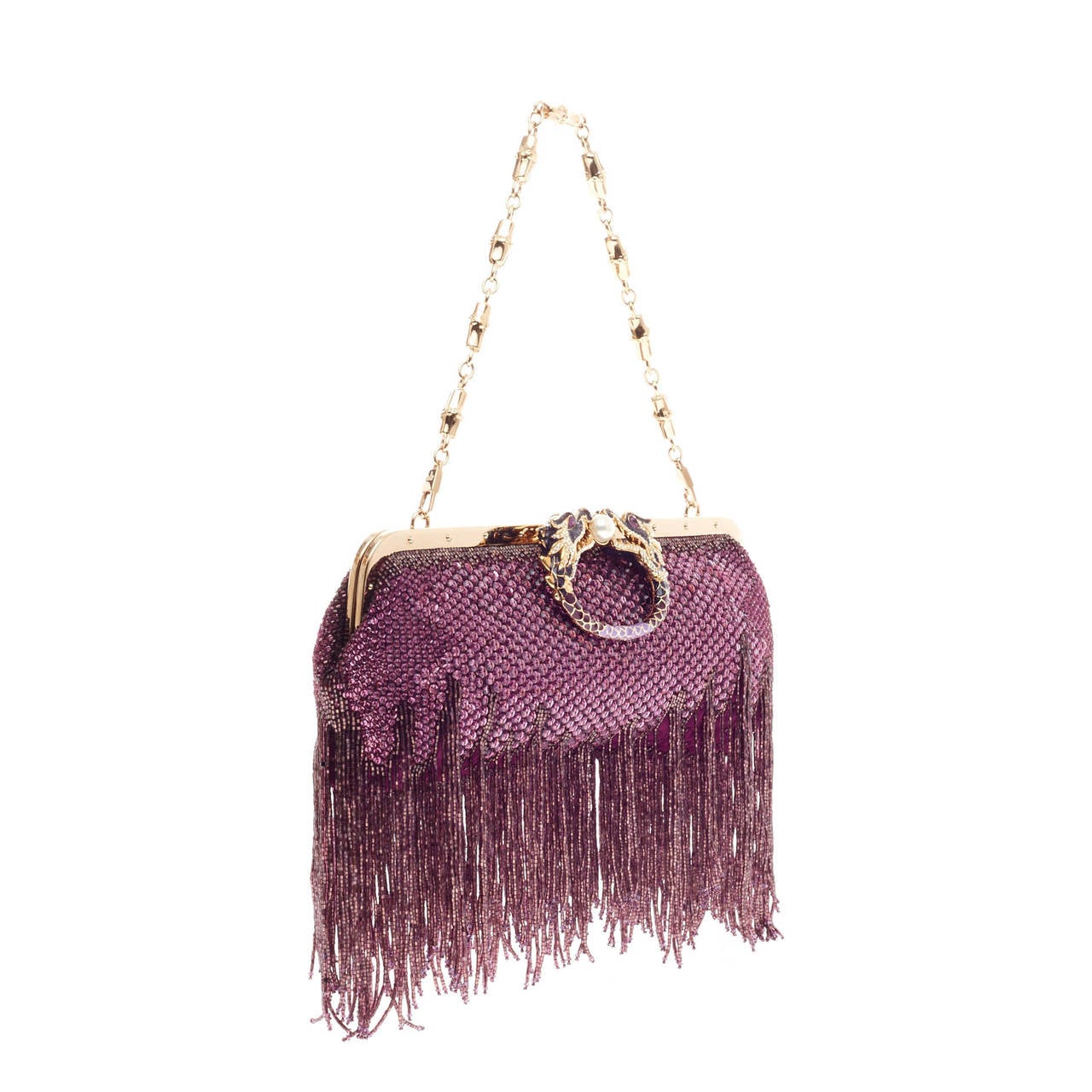 Gucci Beaded Fringe Evening Bag Crystal with Dragon Head Closure In Good Condition In NY, NY